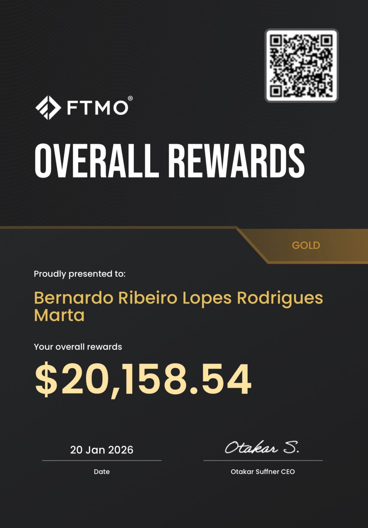 FTMO $20,158 payout certificate