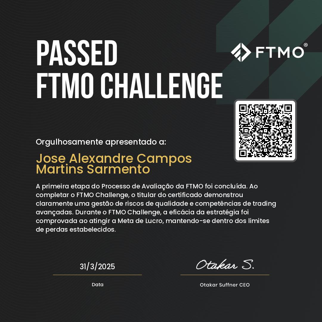 FTMO Challenge passed certificate